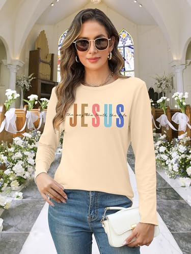 Christian Shirts for Women: Faith Over Fear T Shirt Religious Graphic Tee Bibel Verse Long Sleeve Tops - color: Apricot, size: X-Large