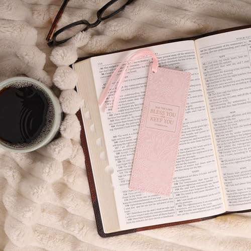 Christian Art Gifts Faux Leather Bookmark for Women: Bless You & Keep You - color: Pink Floral/Bless You