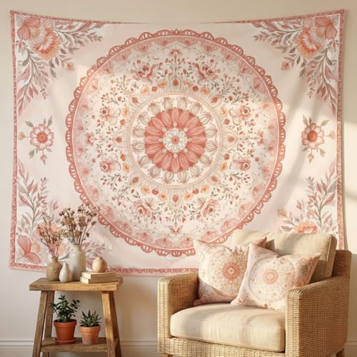 Motanber Pink Mandala Tapestry Wall Hanging Boho Floral Tapestry Aesthetic Watercolor Flower Medallion Cute Small Tapestries for Bedroom Living Room Dorm Decor 48 x 36 Inch - color: Peach Pink, size: 48"L x 36"W