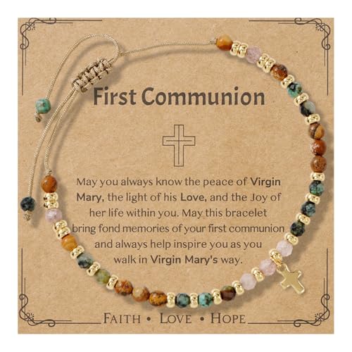 Christian Easter Gifts for Women,Cross Natural Stone Beaded Bracelet,Inspirational Religious Jewelry Gift - color: First Communion