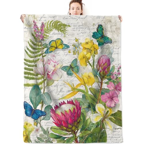Tropical Flower and Butterfly Flannel Blanket Gifts for Nature Lover,50x40inch,Colorful Botanical Garden Throw Blankets with Script Background,for Bedroom,Living Room,Camping Home Decor Throws - color: Floral 01, size: 50x40 Inch