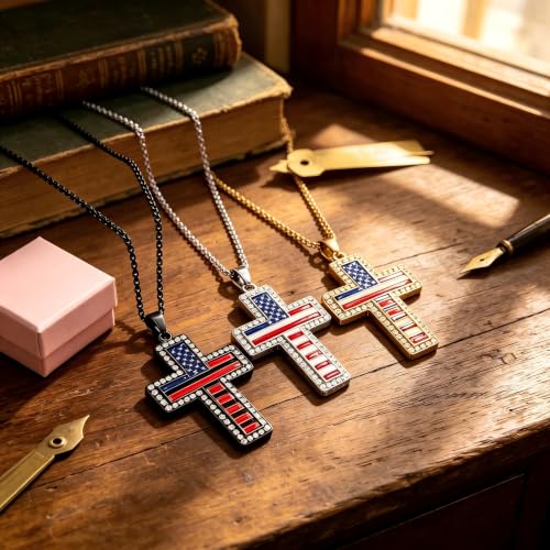 American Flag Cross Pendant Necklace, Silver-Tone, Stars and Stripes, Patriotic Religious Jewelry,for a gift box - color: gold+black+silver