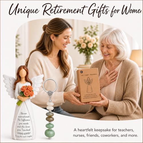 Retirement Gift for Woman - Angel Figurine&Gemstones Keychain Set