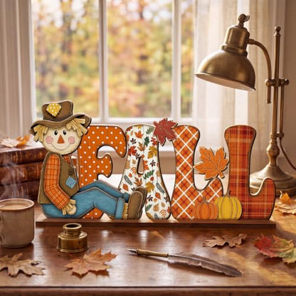 Yousoontic Fall Scarecrow Table Decorations Wooden Autumn Table Centerpieces Farmhouse Pumkin Maple Leaves Tabletop for Home Harvest Thanksgiving Kitchen Office(Fall) - style: Fall