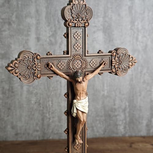 BC Catholic Crucifix Standing Cross, Tabletop Crucifix for Altar, Jesus Christ Home Decor, Religious Gift, Realistic Finish, 14.7" H Hand Painted by Buildclassic - color: Full Color