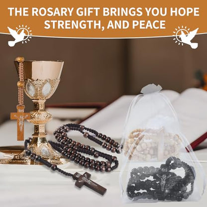 60 Set Wooden Rosary Beads Bulk Wood Catholic Rosaries with Jesus Holy Cross First Communion Wood Carved Rosary with Organza Bags Religious Rosary Catholic Baptism Church Present for Men Women