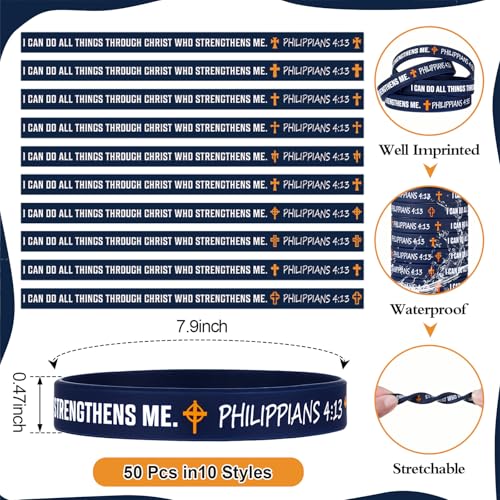 50 Pcs Philippians 4:13 Rubber Wristbands, Dark Blue - color: Dark Blue