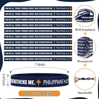 50 Pcs Philippians 4:13 Rubber Wristbands, Dark Blue - color: Dark Blue