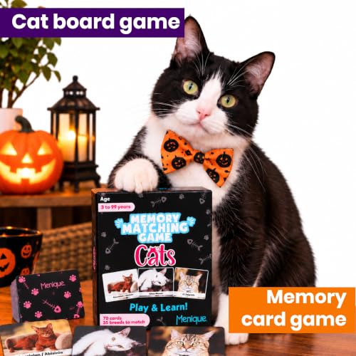 Menique Cat Memory Game – 70 Cards with Real Photos of 35 Cat Breeds – Bilingual Matching Card Game with Fact Booklet – Great Boo Basket Stuffer & Halloween Favor - style: Cats