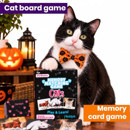 Menique Cat Memory Game – 70 Cards with Real Photos of 35 Cat Breeds – Bilingual Matching Card Game with Fact Booklet – Great Boo Basket Stuffer & Halloween Favor - style: Cats