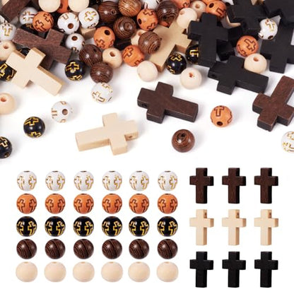 Beadthoven 211pcs/Box Rosary Making Kit, Wood Cross Beads 8mm Acrylic Cross Round Beads Spacers Easter Crucifix Cross Charms for Bracelet Jewelry Making Kit DIY Crafts
