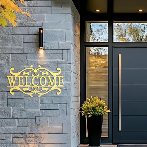 AHYS Metal Welcome Sign for Front Door Vintage Welcome Door Sign for Indoor Outdoor Wall Decor - Gold - color: Gold
