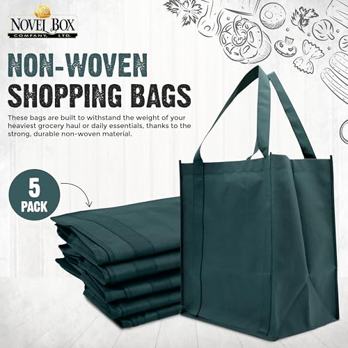 Novel Box 5Pack Non-Woven Reusable Reinforced Tote Bags 13x15x10in with Handle-Heavy Duty Foldable Bag for Groceries & Picnic - color: Green