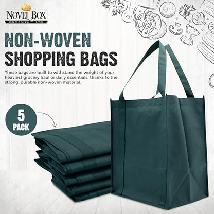 Novel Box 5Pack Non-Woven Reusable Reinforced Tote Bags 13x15x10in with Handle-Heavy Duty Foldable Bag for Groceries & Picnic - color: Green