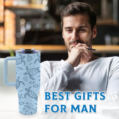 Sea Turtle Gifts for Women, 40oz Tumbler with Handle & Straw - color: Turtle-Blue