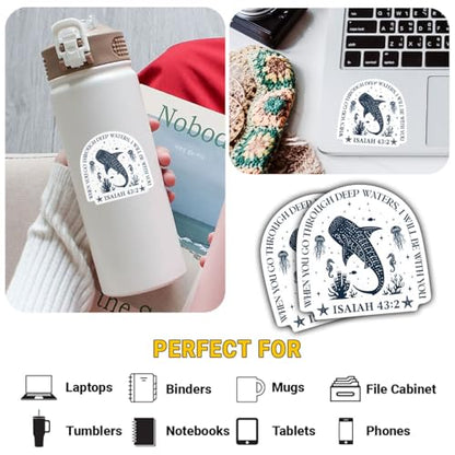 3 Pcs When You Go Through Deep Waters I Will Be with You Bible Verse Stickers, Isaiah 43:2 Christian Faith Ocean Whale Illustration Stickers Die-Cut Waterproof for Laptop, Water Bottle, Phone - size: 2 inch