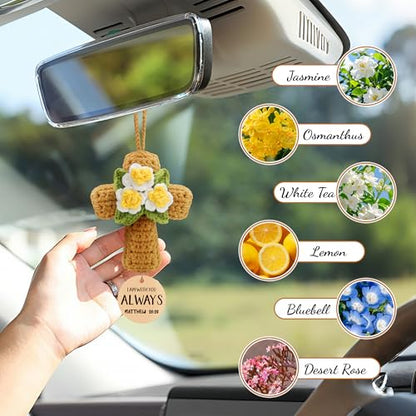 Crochet Cross with Flowers – Christian Car Air Freshener, Rearview Mirror Hanging Accessories, Bible Verse Car Decor, Christian Car Accessories, Religious Gifts for Women