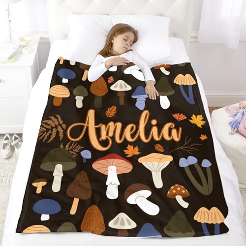Custom Name Blanket Autumn Mushroom Soft Cozy Harvest Blanket for Boys Girls Kids Adults Personalized Cute Autumn Blankets Halloween Christmas Birthday Gifts - color: Autumu-02
