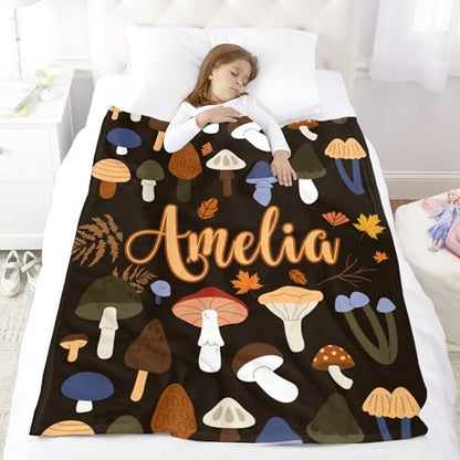 Custom Name Blanket Autumn Mushroom Soft Cozy Harvest Blanket for Boys Girls Kids Adults Personalized Cute Autumn Blankets Halloween Christmas Birthday Gifts - color: Autumu-02