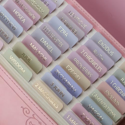 UPAFEXXI-Bible Tabs with Book Summaries,3D Gold Foil Embossed Lettering - color: Macaron