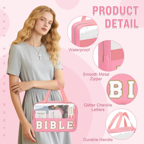 Chenille Letter Bible Bag Cover Case for Women,Preppy Bible Study Supplies Church Bag Purse Bible Accessories with Handle Zipper,Waterpoof Travel Makeup Bag Christmas Christian Gifts(BIBLE-Pink) - color: BIBLE-Pink