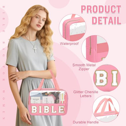 Chenille Letter Bible Bag Cover Case for Women,Preppy Bible Study Supplies Church Bag Purse Bible Accessories with Handle Zipper,Waterpoof Travel Makeup Bag Christmas Christian Gifts(BIBLE-Pink) - color: BIBLE-Pink