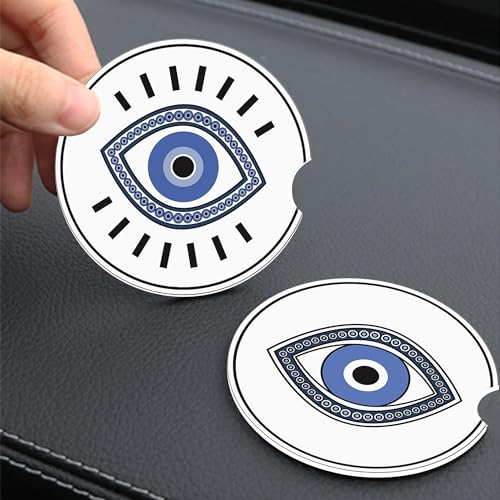 Beaded Blue Eye Symbol Coaster for Cup Holders, Greek Evil Eye Ceramic Drink Coasters for Most Cars, Set of 2 Absorbent Auto Cup Holder 2.56" - color: Blue Evil Eye