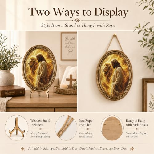 Razpah Vintage Jesus and Lion Wall Art, Christian Oval Wood Sign, 11.2 Inch