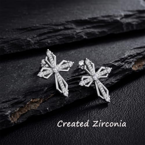Sterling Silver Dainty Cross Earrings For Women, Christian Religious Faith Cubic Zirconia Stud Earrings - color: white