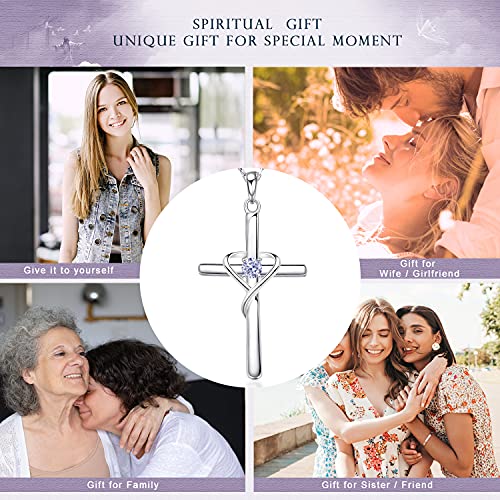 AmorAime 925 Sterling Silver Cross Necklace for Women Men 14K Gold Plated 5A CZ Birthstone Necklaces for Holiday - color: F.Light Purple-June-Alexandrite