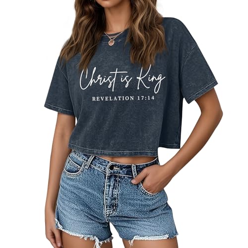 KIEKIECOO Womens Cropped Acid Wash Tshirt Vintage Christian Graphic Crop Tops Tees Oversized Christ is King Faith Gifts Shirt - color: Blue, size: Small