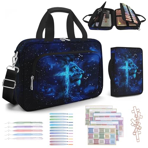 Lion Cross Large Bible Cover Case for Men, Bible Bag for Men Organizer with Strap & Handle Zipper Pocket, Bible Study Supplies Journaling Kit with Pens Highlighters Tabs Christian Gift - color: Lion Cross