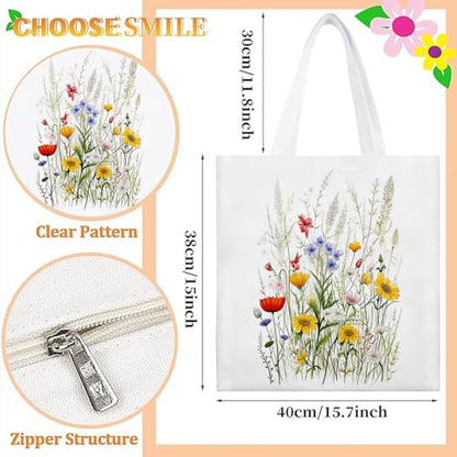 Canvas Tote Bag with Zipper Handles for Women Bridesmaid Birthday Wedding Mother Ladies Shopping Gift Bags - color: Flower-8