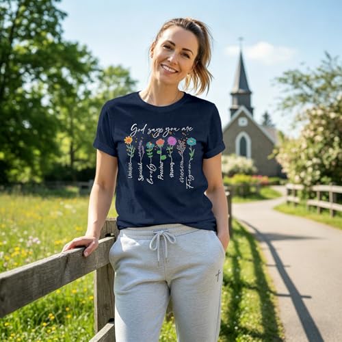 Womens Christian Shirt Bible Verse T-Shirt Religious Gifts Florial Tee Tops - color: Blue, size: Small