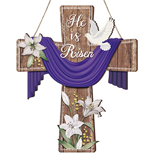 BBTO Easter Door Sign He Is Risen Hanging Decor Religious Cross Sign Easter Wreaths for Front Door Christian Flowers Lent Hanging Hanger for Farmhouse Front Porch (Cross,13.1 x 10.6 Inches) - size: 13.1 x 10.6 inches, style: Cross