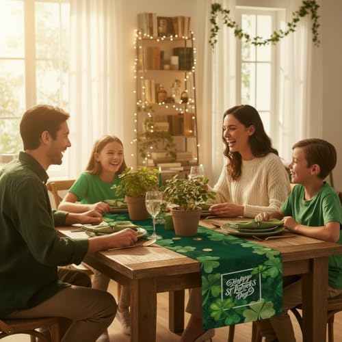 St. Patrick's Day Table Runner with Glitter Clover, Shiny Gold Dots Shamrocks Saint Patricks Day Decorations, 100% Polyester Seasonal Table Decor for Home Party, 13x72 Inch - style: Dark Green Sparkling