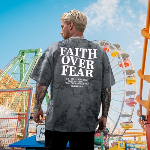 BANGELY Faith Over Fear Shirt Men Graphic Shirts Oversized Workout Gym Jesus Christian Religious Tees Short Sleeve Tops - color: Tie-dye, size: Large