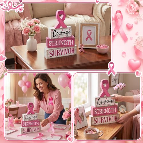 Moucuny 4 Pcs Breast Cancer Awareness Table Decoration Wooden Pink Ribbon - style: Breast Cancer Awareness