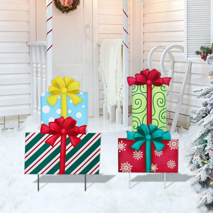 Christmas Yard Sign Decorations Outdoor Boxes Yard Signs with Metal Stakes for Xmas Holiday Party Lawn Sign Garden Decor Outdoor Yard Signs - style: Gift box