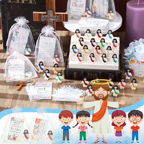 Bememo 50 Sets Christian Gifts Bulk Bible Verse Cards Include Little Jesus Figures Prayer Cards and Organza Bags for Religious Party Favors Sunday Baptism Gifts(Flower Style,Bright) - color: Bright, style: Flower Style
