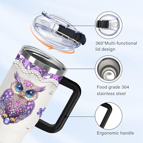 Christian Gifts for Women 40oz Tumbler - Insulated Travel Mug with Handle (Owl, 40 Ounces) - color: Purple
