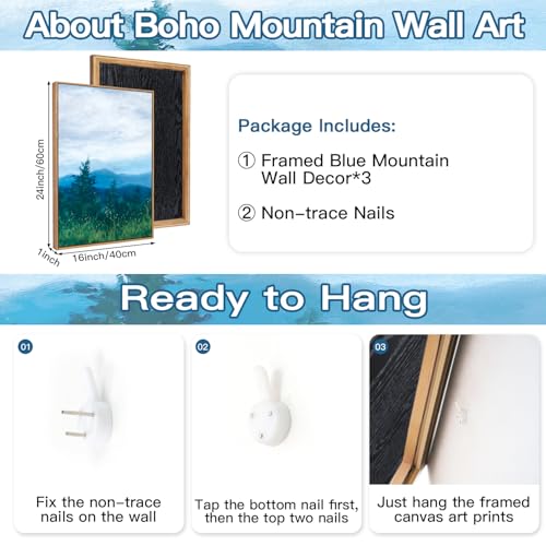 CHDITB 3Pcs Blue Ridge Mountain Forest Framed Canvas Wall Art 16x24 Inch - color: Blue Mountain, size: 16"L x 24"W