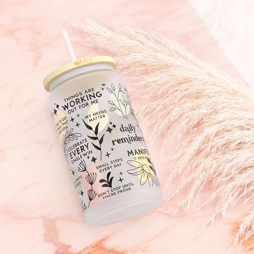Daily Affirmation Iced Coffee Cup [Frosted], 16 oz Glass Cups with Bamboo Lids and Straws |Mason Jar Drinking & Glass Tumbler with Straw and Lid | Boba Cup, Beer Can for Mental Health - color: Clear