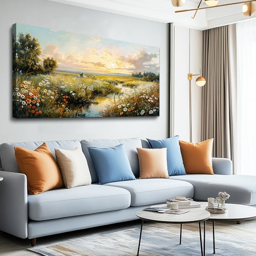 XIGUANGART Nature Landscape Wall Art, Sunset Wildflowers Pictures 20X40 In - color: Pastoral Scenery Paintings, size: 40"L x 20"W