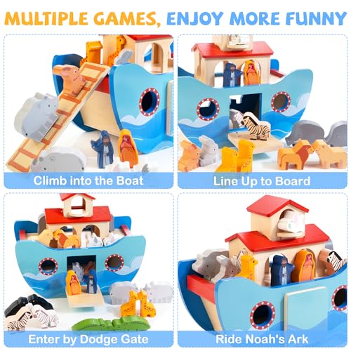Wooden Noah's Ark Toy Baptism Gift for 1 Year Old Baby Boys and Girls