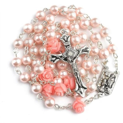 Nazareth Store Pink Pearl Catholic Rosary Necklace with 6mm Glass Beads Rose Mystery Our Lady of Lourdes Medal 1.6 Inch Crucifix 17 Inch