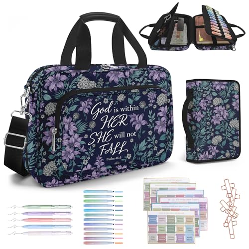 Lilac Bible Cover Case for Women with Shoulder Strap & Handle Zipper Pocket, Large Bible Bag with Study Supplies Journaling Kit Book Carrying Case, Pens Highlighters Cross Clips Tabs - color: Purple Lilac
