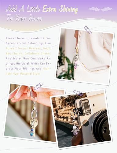 20 Pcs Angel Pearl Beads Pendant Keychain, Angel Fairy Mixed Stone Dangle Charms with Swivel Clasps Hook for Bag Pouch Purse Key Holders