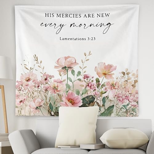 WNAGT Pink Floral Christian Tapestry Wall Hanging, Bible Verse Tapestry, His Mercies Are New Every Morning Scripture Religious Wall Blanket Decor for Girls Bedroom Dorm Home, 50x60 Inch - color: H