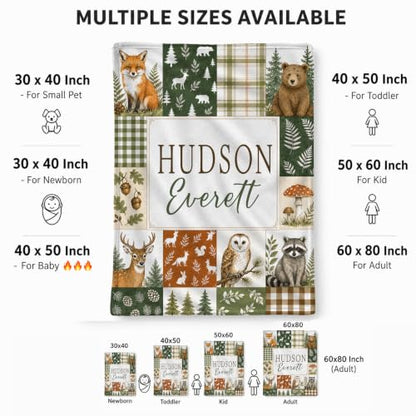 Personalized Woodland Baby Blanket, Custom Forest Animal Baby Blanket - color: Green #11
